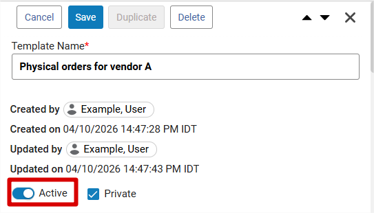 The Set PO Line template as Active option.
